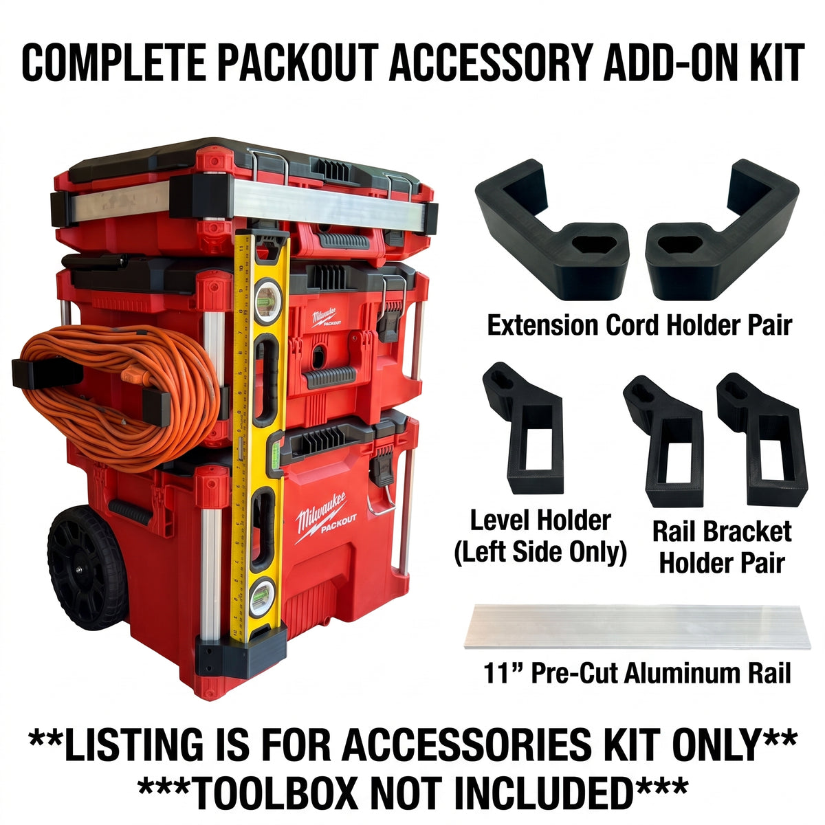Milwaukee Packout Bundle - Rail Bracket Adapter, Level Holder and Extension Cord Bracket Accessories - PACKOUT IS NOT INCLUDED